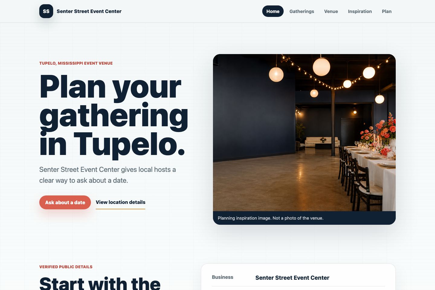 Website concept preview for Senter Street Event Center