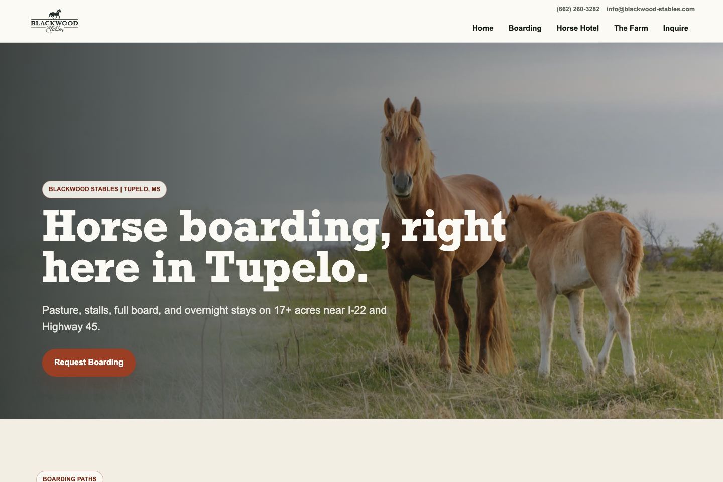 Website concept preview for Blackwood Stables